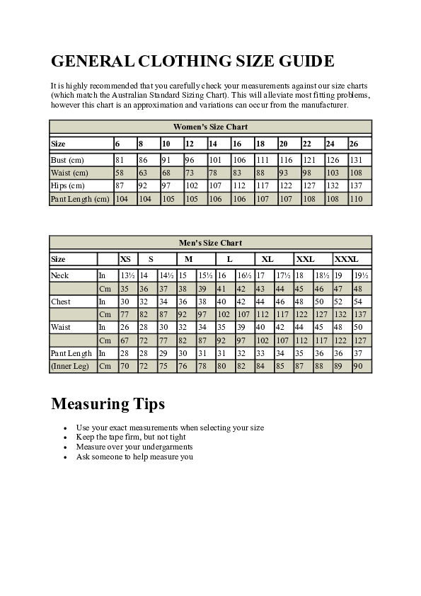 General Clothing Size Chart