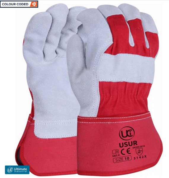 Premium Split Leather Rigger Gloves, Lined Palm, Red